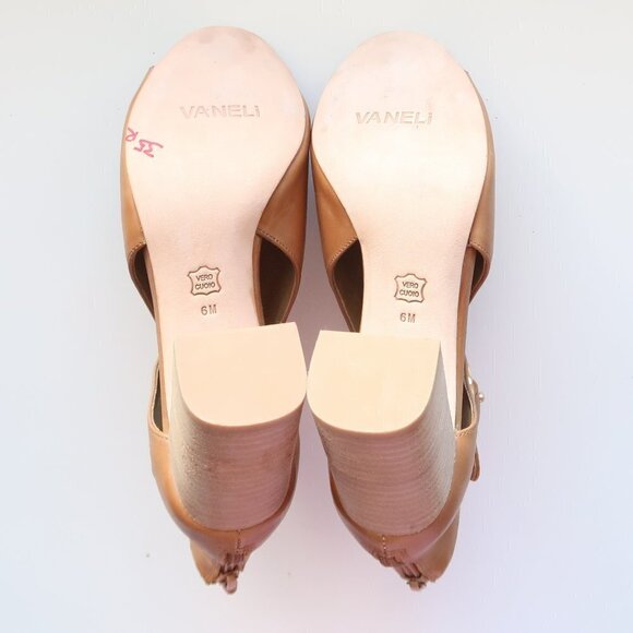 Vaneli Tan Leather Peep Toe Stacked Block Heel Bootie Shoes Ankle Boots Size 6 - Picture 7 of 16